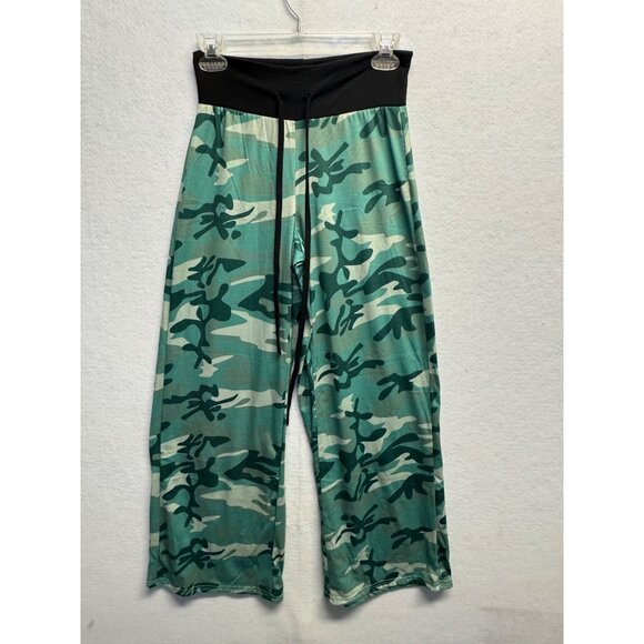 N/A Pants - Green Camo Wide-Leg Pants With Black Waistband & Drawstring